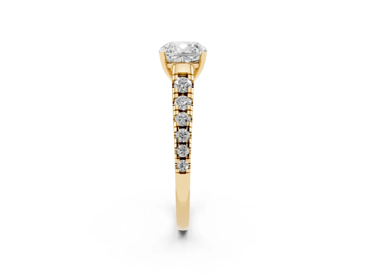 Cushion Cut Diamond Cathedral Solitaire Ring with Round Pavé Band Yellow gold