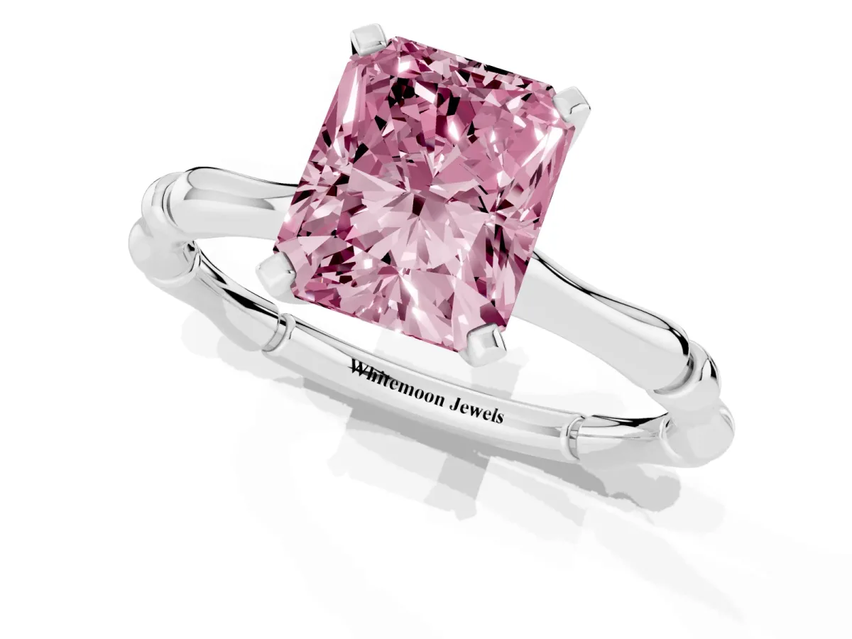 Fancy Pink Radiant Cut Solitaire Diamond Ring with Bamboo Band and Four-Prong Setting Silver