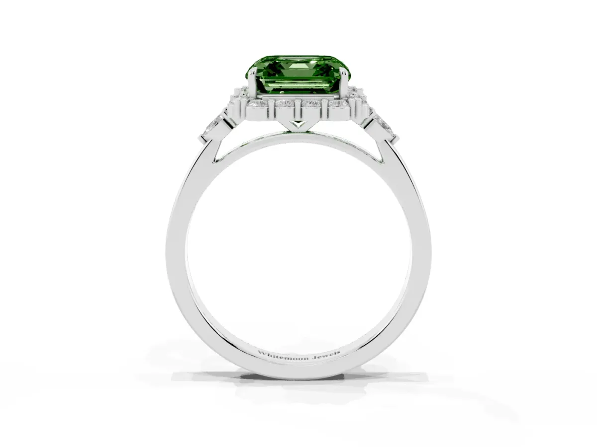 Fancy Green Asscher Cut Diamond Halo Ring with Pear Side Stones and Prong Setting Silver