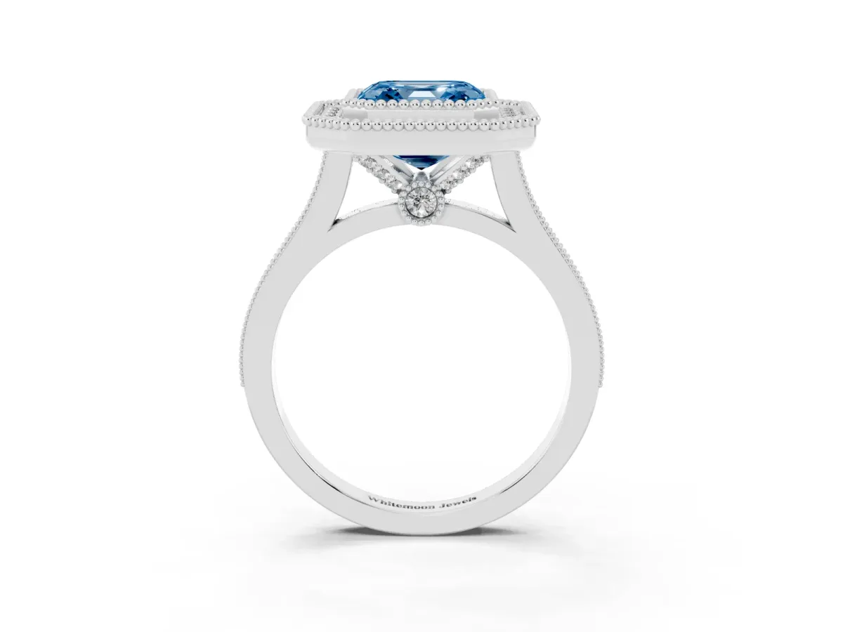 Fancy Blue Asscher Cut Diamond Halo Ring with Milgrain Frame and Pavé Band Platinum