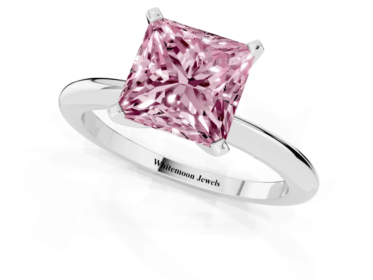 Fancy Pink Princess Cut Diamond Solitaire Ring with Prong Setting and Classic Band Platinum