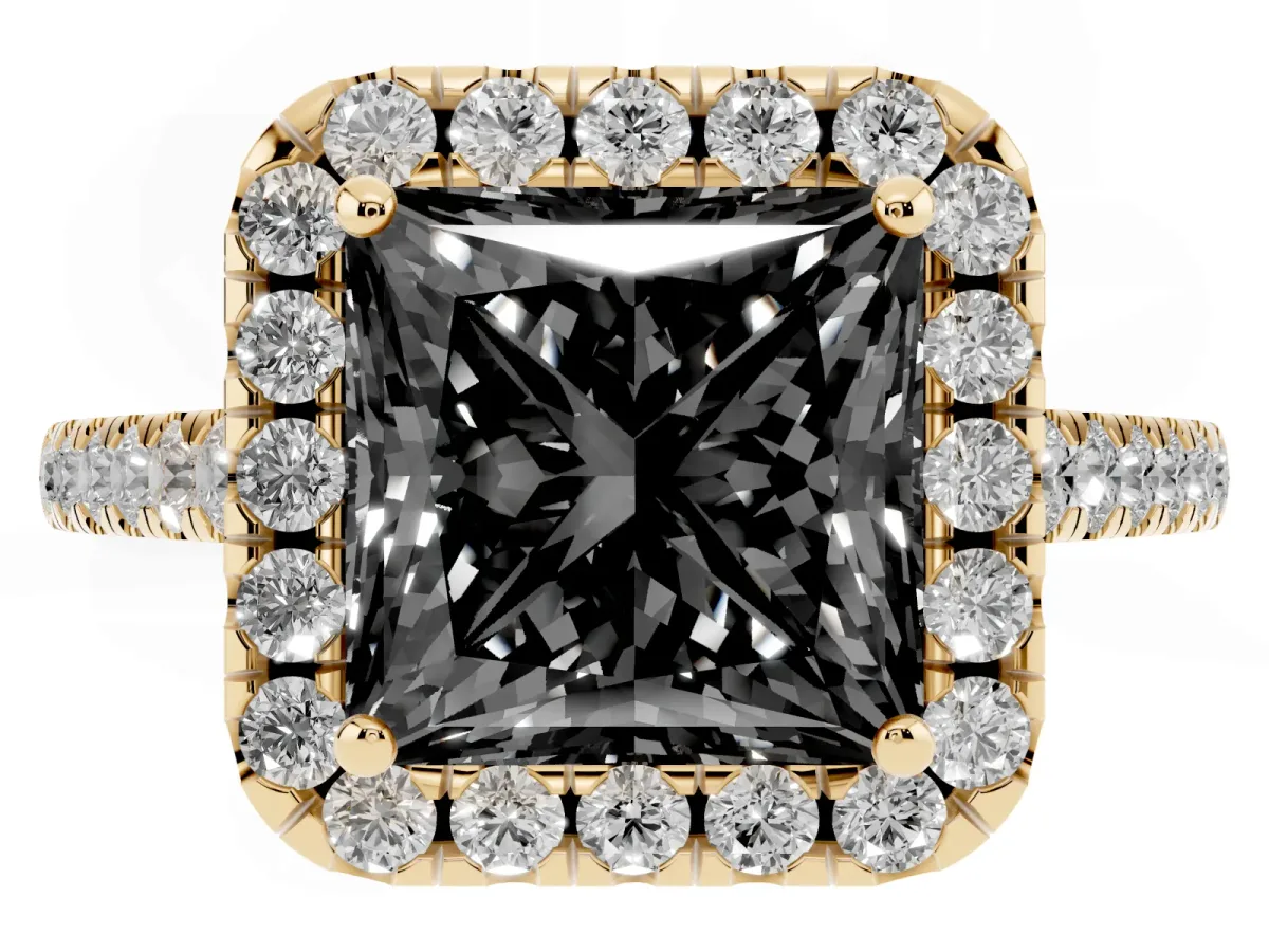 Fancy Black Princess Cut Halo Pave Diamond Engagement Ring with Four-Prong Setting Yellow gold