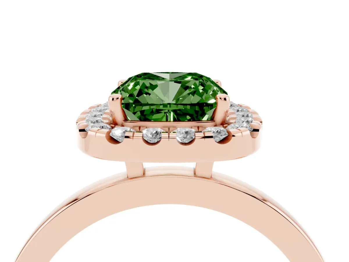 Fancy Green Cushion Cut Halo Diamond Solitaire with Pavé Band and Four-Prong Setting Rose gold