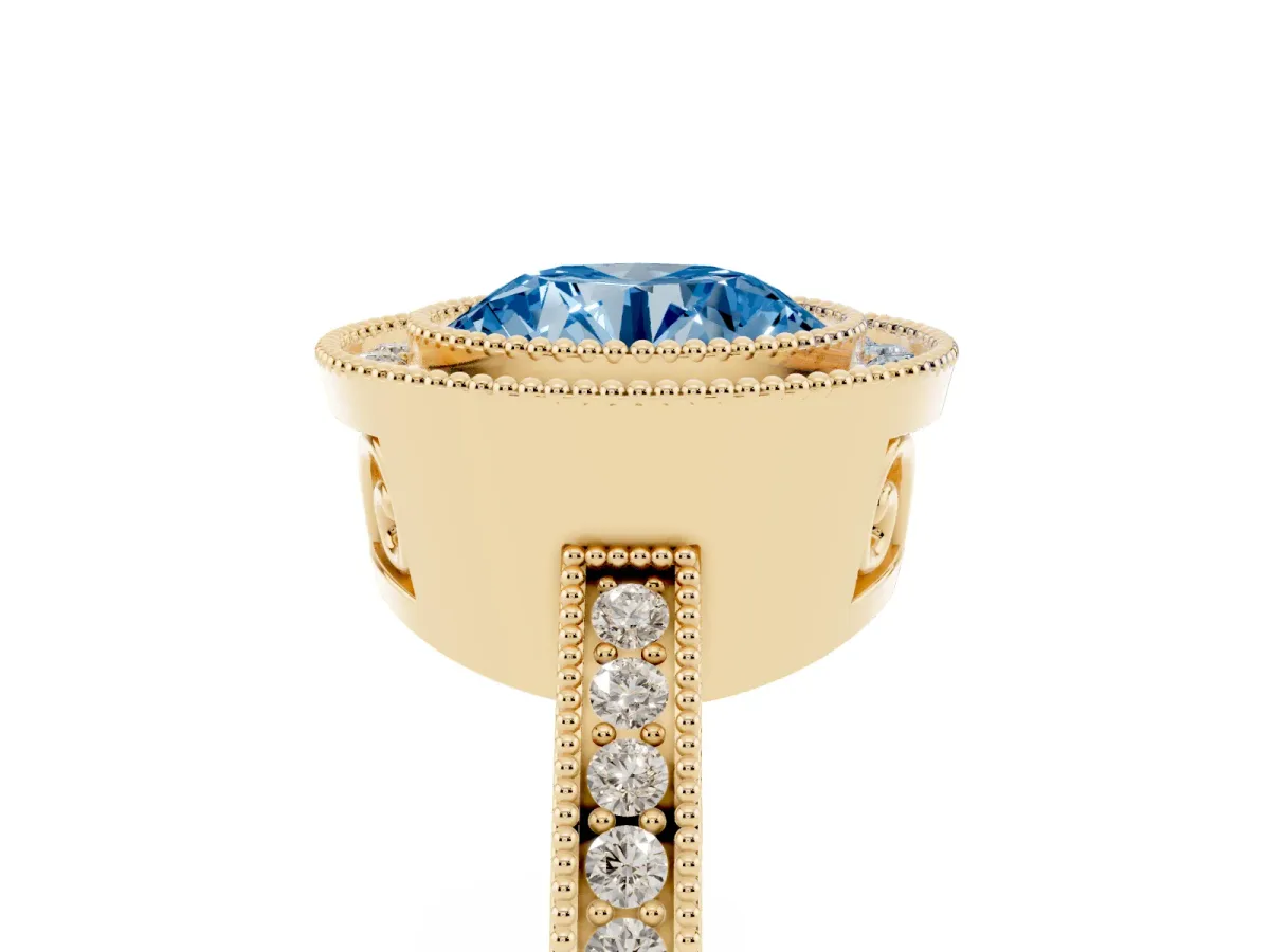 Fancy Blue Round Cut Cut Halo Diamond Ring with Pavé Band and Milgrain Prong Setting Yellow gold