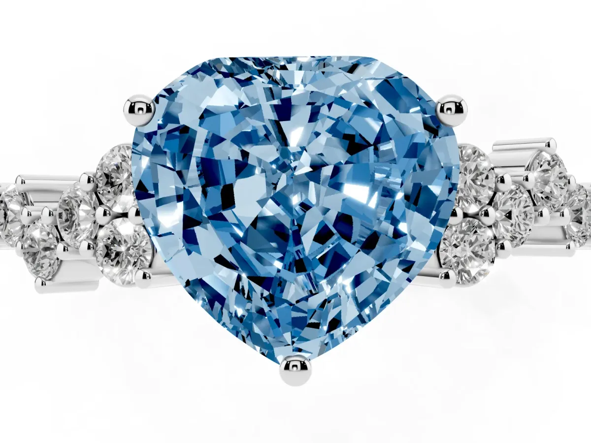 Fancy Blue Heart Cut Diamond Scattered Round Accent Ring with Prong Setting White gold