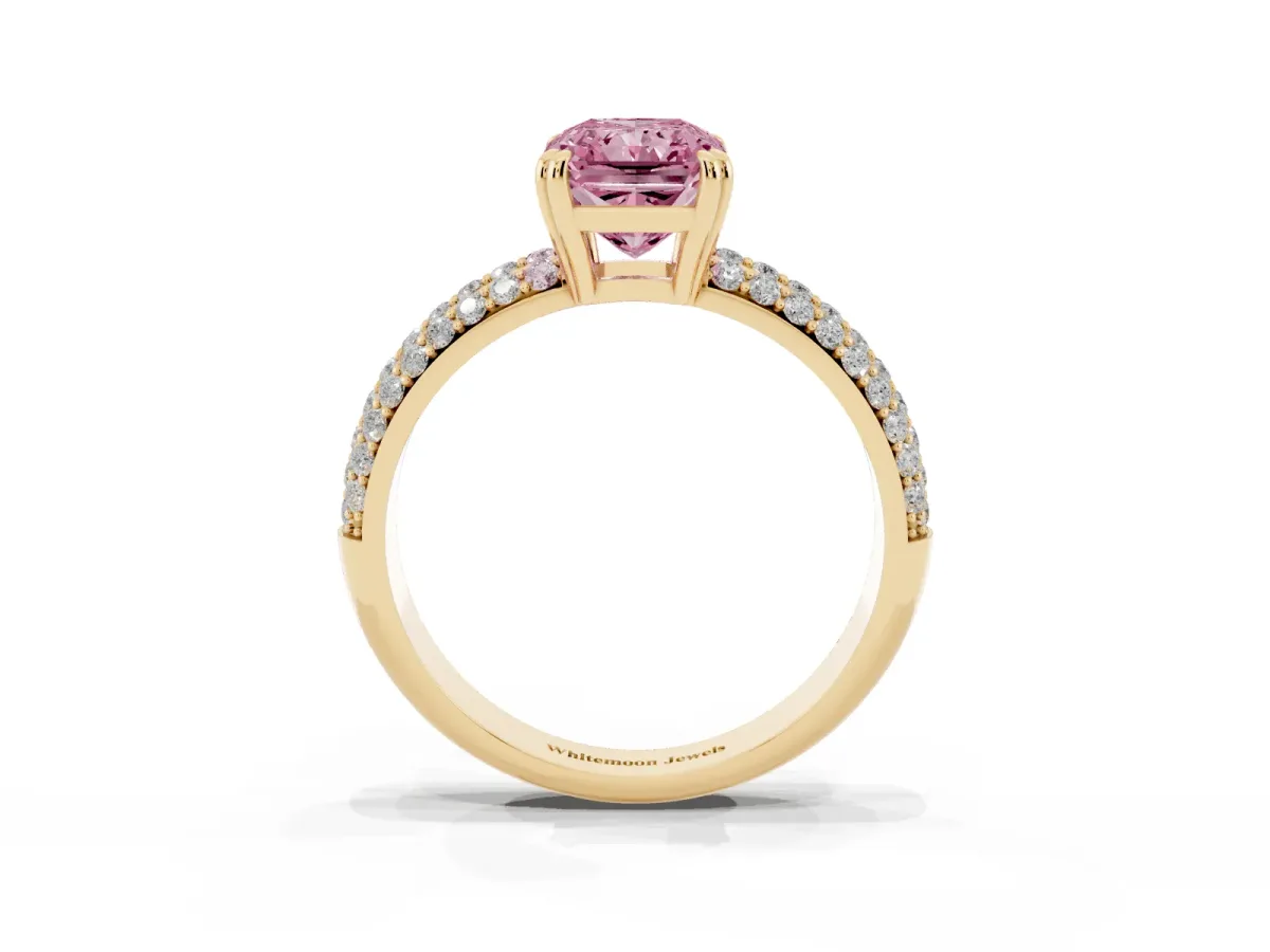 Fancy Pink Radiant Cut Diamond Solitaire Ring with Multi-Row Round Pavé Band and Prong Setting Yellow gold