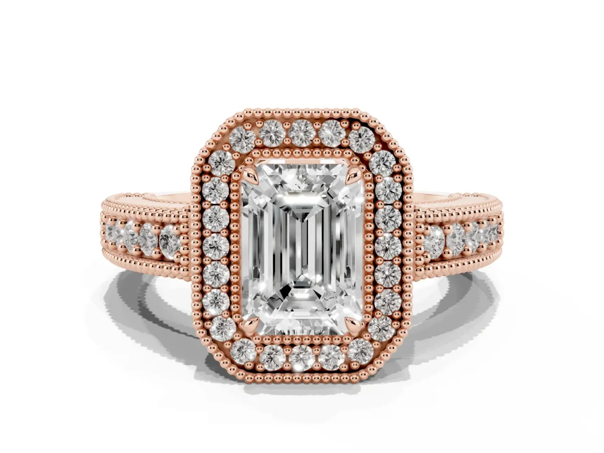 Emerald Cut Cut Halo Diamond Ring with Pavé Band and Four-Prong Setting Rose gold