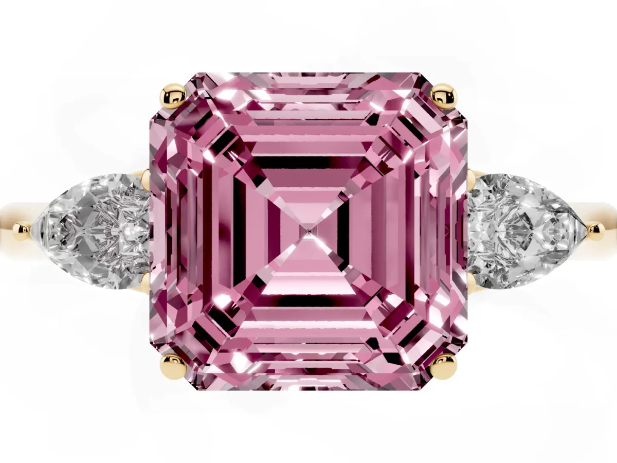 Fancy Pink Three-Stone Asscher Cut Brilliant Diamond Solitaire Ring with Tapered Band and Four-Prong Setting Yellow gold