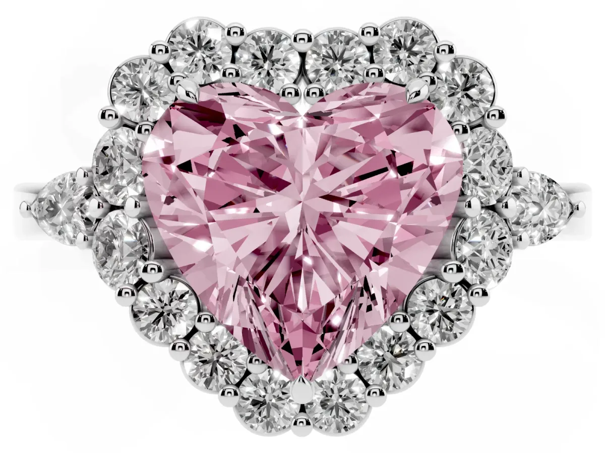 Fancy Pink Heart Cut Diamond Halo Ring with Pear Side Stones and Prong Setting Silver