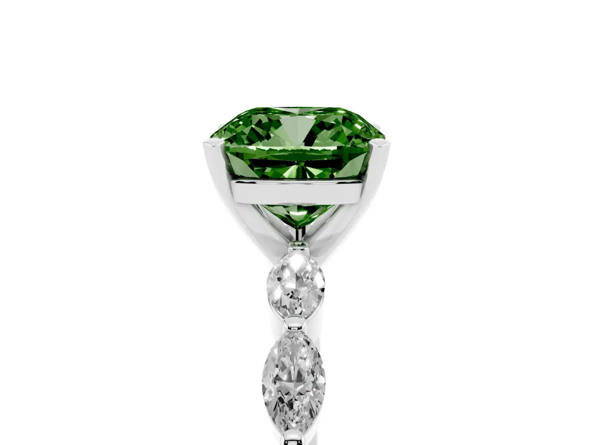 Fancy Green Cushion Cut Diamond Ring with Marquise Side Stones and Prong Setting Platinum