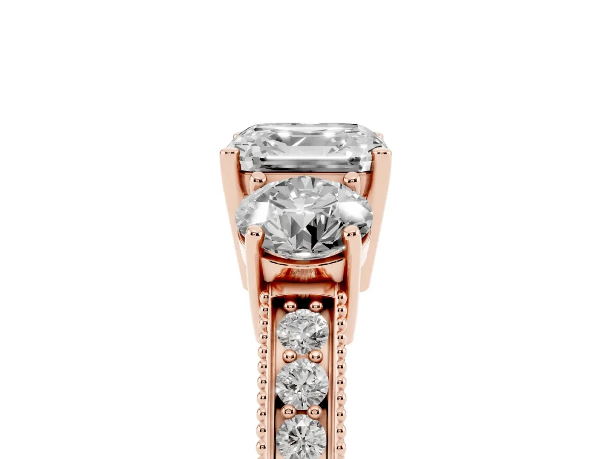 Asscher Cut Three-Stone Diamond Ring with Pavé Band and Four-Prong Setting Rose gold