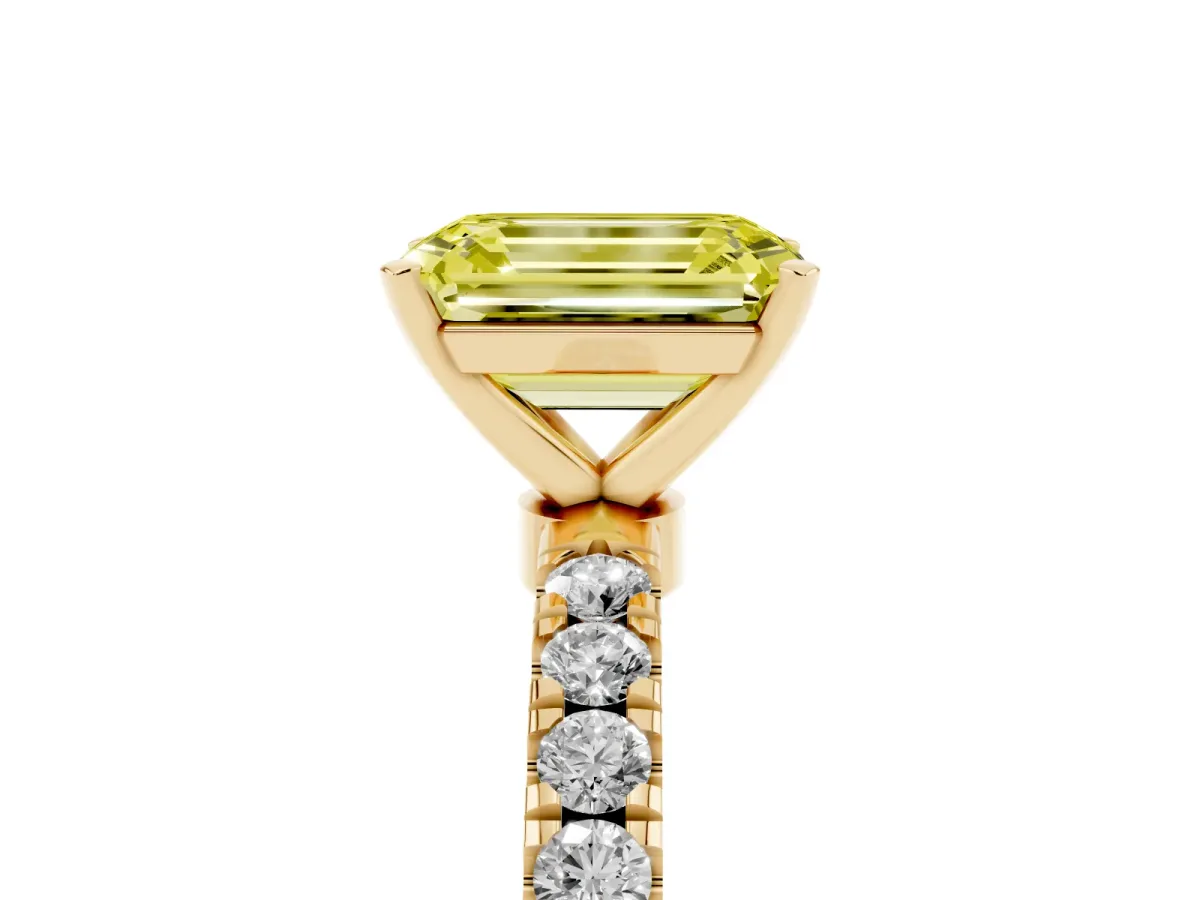 Fancy Yellow Emerald Cut Diamond Solitaire Ring with Pavé Accents and Four-Prong Setting Yellow gold