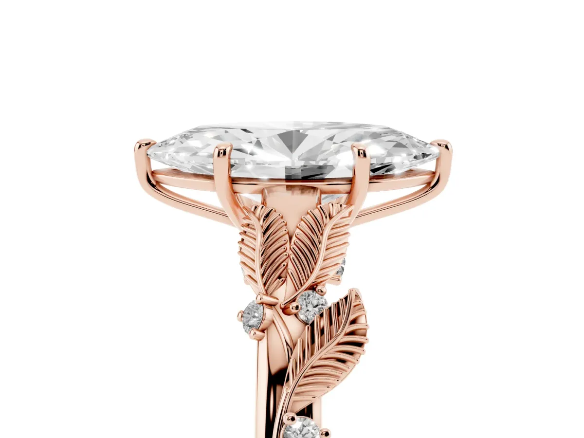 Marquise Cut Diamond Solitaire Ring with Leaf Motif Band and Four-Prong Setting Rose gold