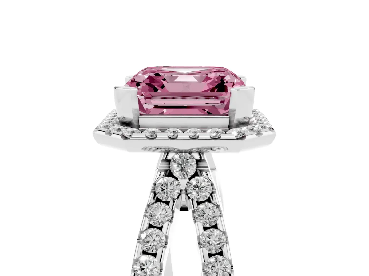 Fancy Pink Asscher Cut Diamond Halo Ring with Split Shank Pavé Band and Prong Setting Silver