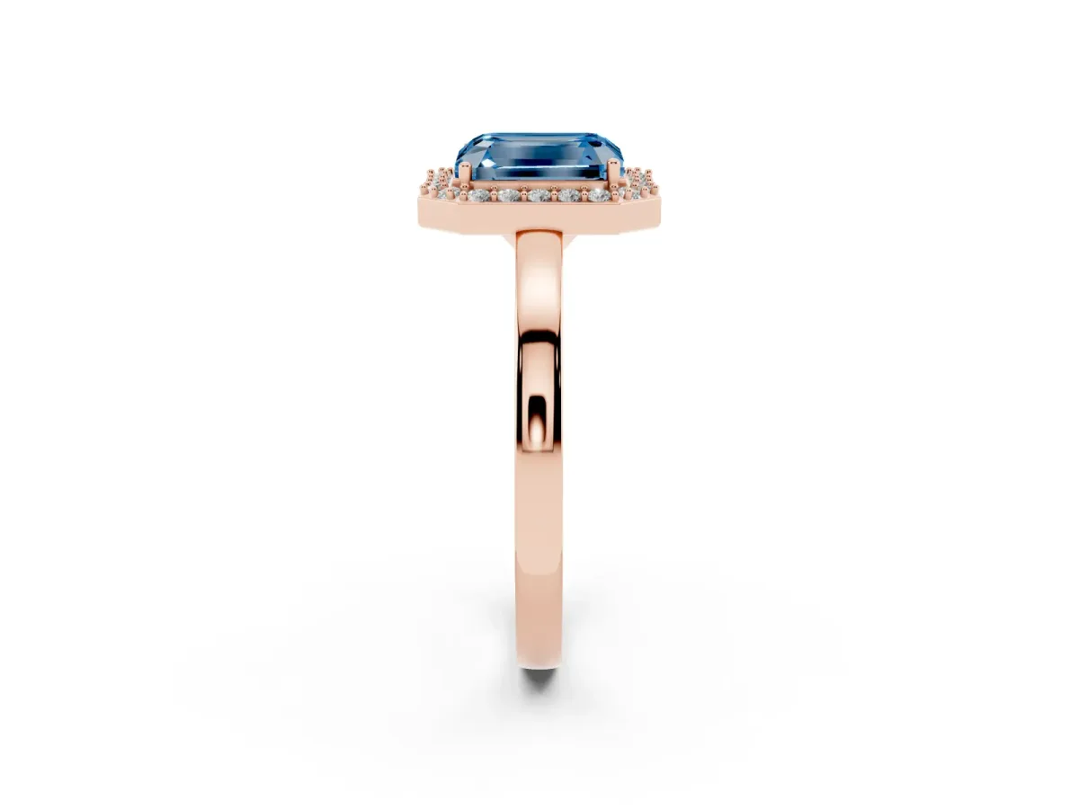 Fancy Blue Radiant Cut Halo Diamond Ring with Solitaire Band and Prong Setting Rose gold
