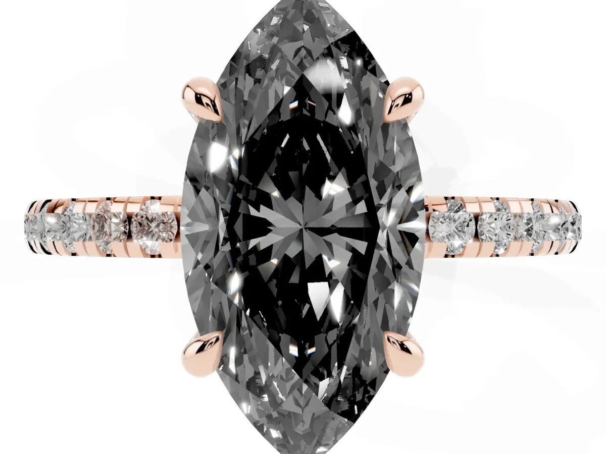 Fancy Black Marquise Cut Diamond Brilliant Solitaire Ring with Pavé Band and Four-Prong Setting Rose gold