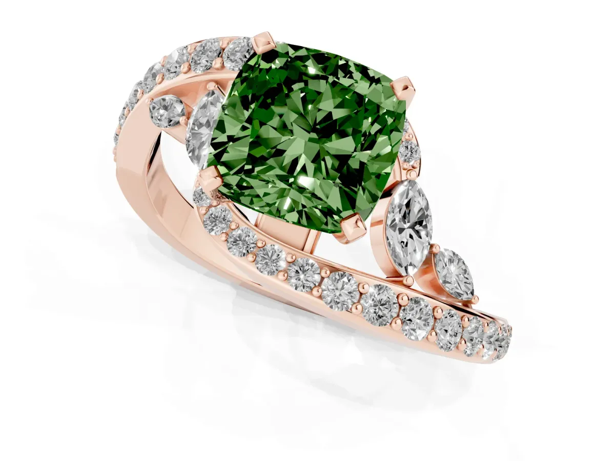 Fancy Green Cushion Cut Solitaire with Pavé Twist Band and Four-Prong Setting Rose gold