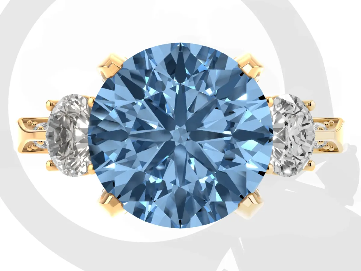 Fancy Blue Round Cut Brilliant Three-Stone Diamond Ring with Pavé Band and Four-Prong Setting Yellow gold