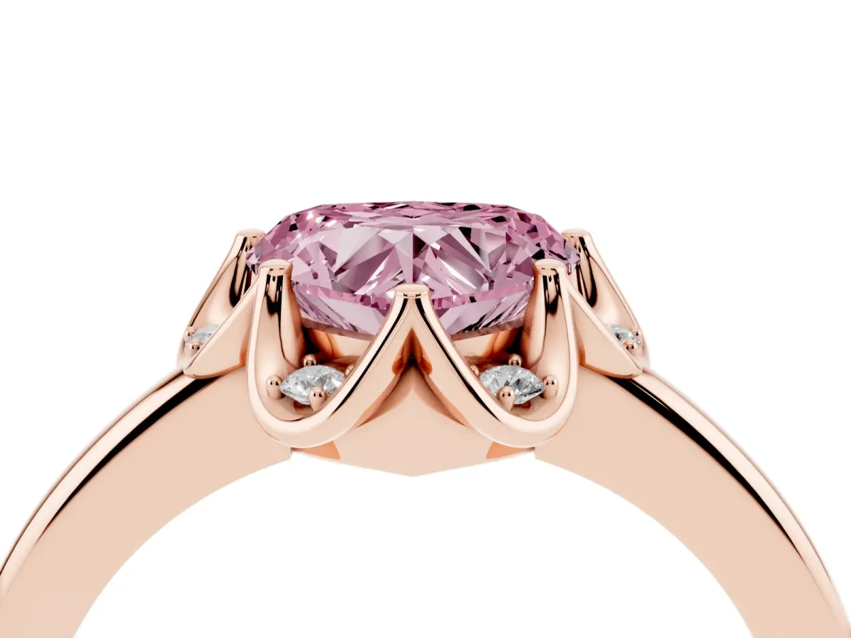 Fancy Pink Heart Cut Halo Diamond Ring with Round Cluster Setting, Solitaire Band, and Four-Prong Setting Rose gold