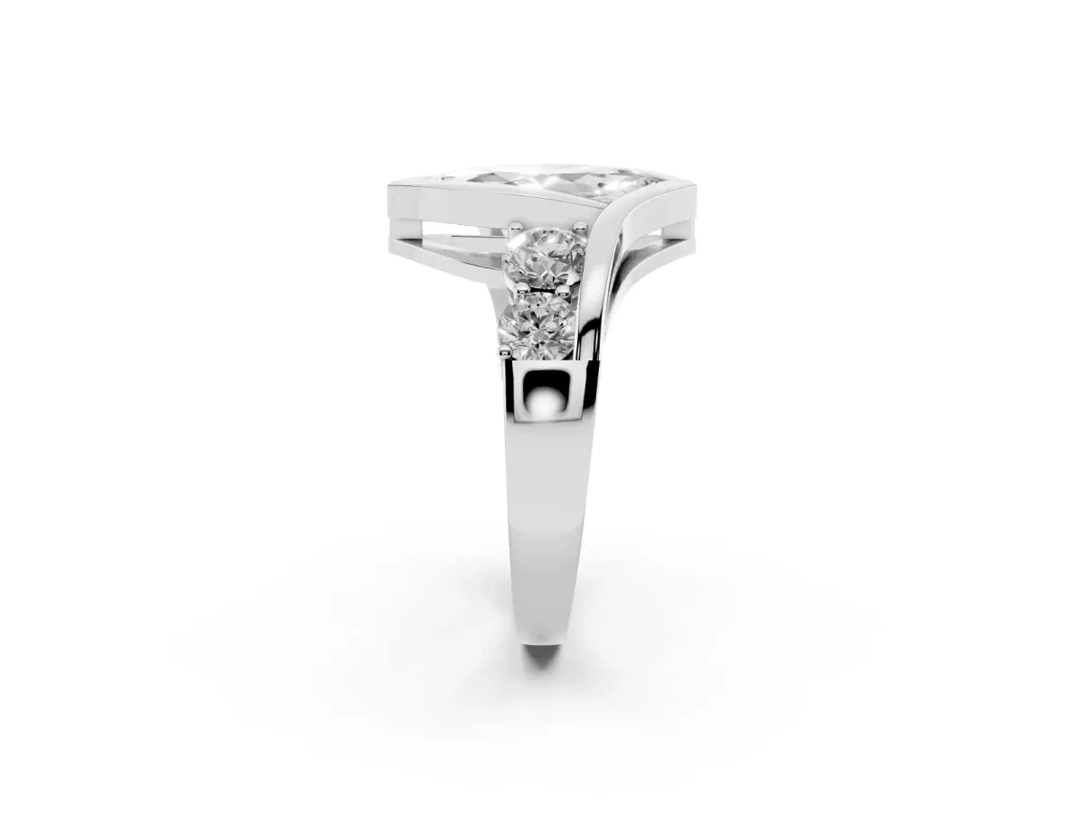 Bezel Set Marquise Cut Diamond Bypass Ring with Round Accents Silver