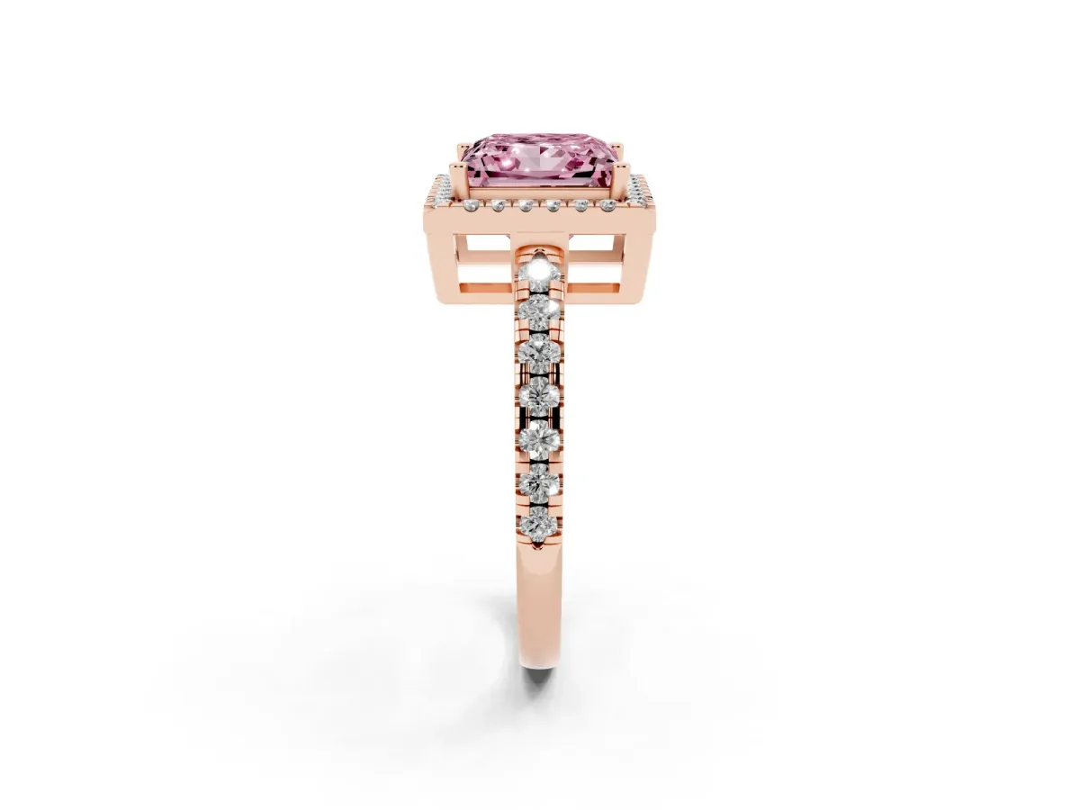 Fancy Pink Princess Cut Diamond Halo Ring with Pavé Band and Four-Prong Setting Rose gold