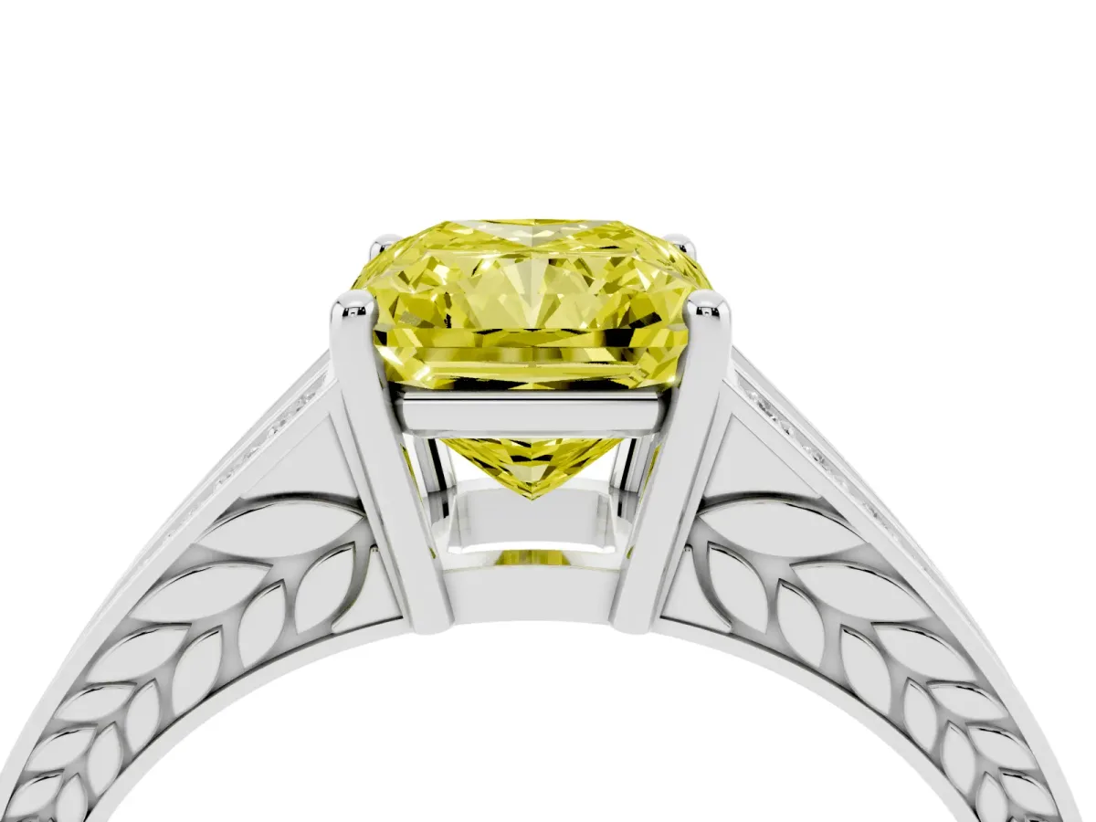 Fancy Yellow Radiant Cut Diamond Split Shank Ring with Pavé Band and Four-Prong Setting Platinum