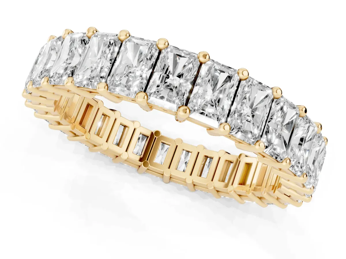 radiant Cut eternity band with shared prong setting Yellow gold