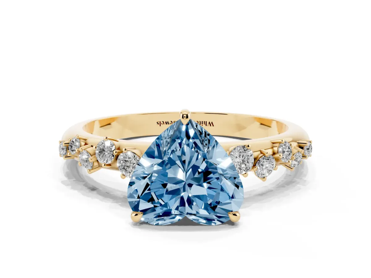 Fancy Blue Heart Cut Diamond Cluster Prong-Set Solitaire Ring Yellow gold