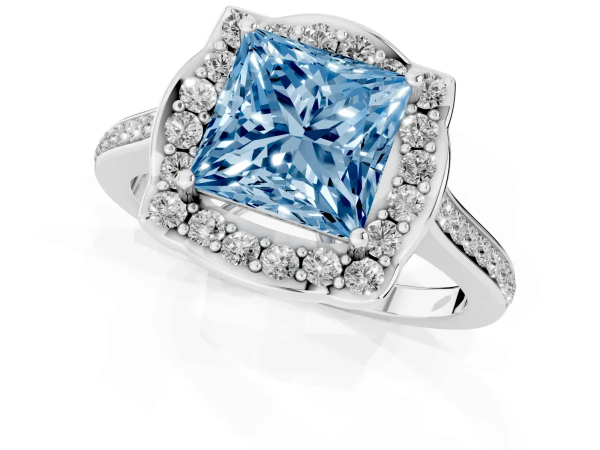 Fancy Blue Princess Cut Halo Round Diamond Pave Band with Four-Prong Setting Silver