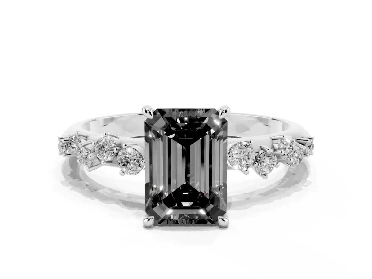 Fancy Black Emerald Cut Diamond Cluster Side Stone Solitaire Ring with Prong Setting Platinum