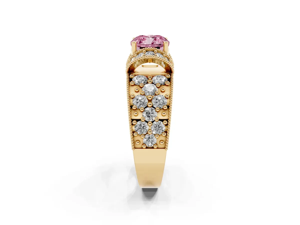 Fancy Pink Cushion Cut Halo Pave Diamond Engagement Ring with Milgrain Detailing Yellow gold