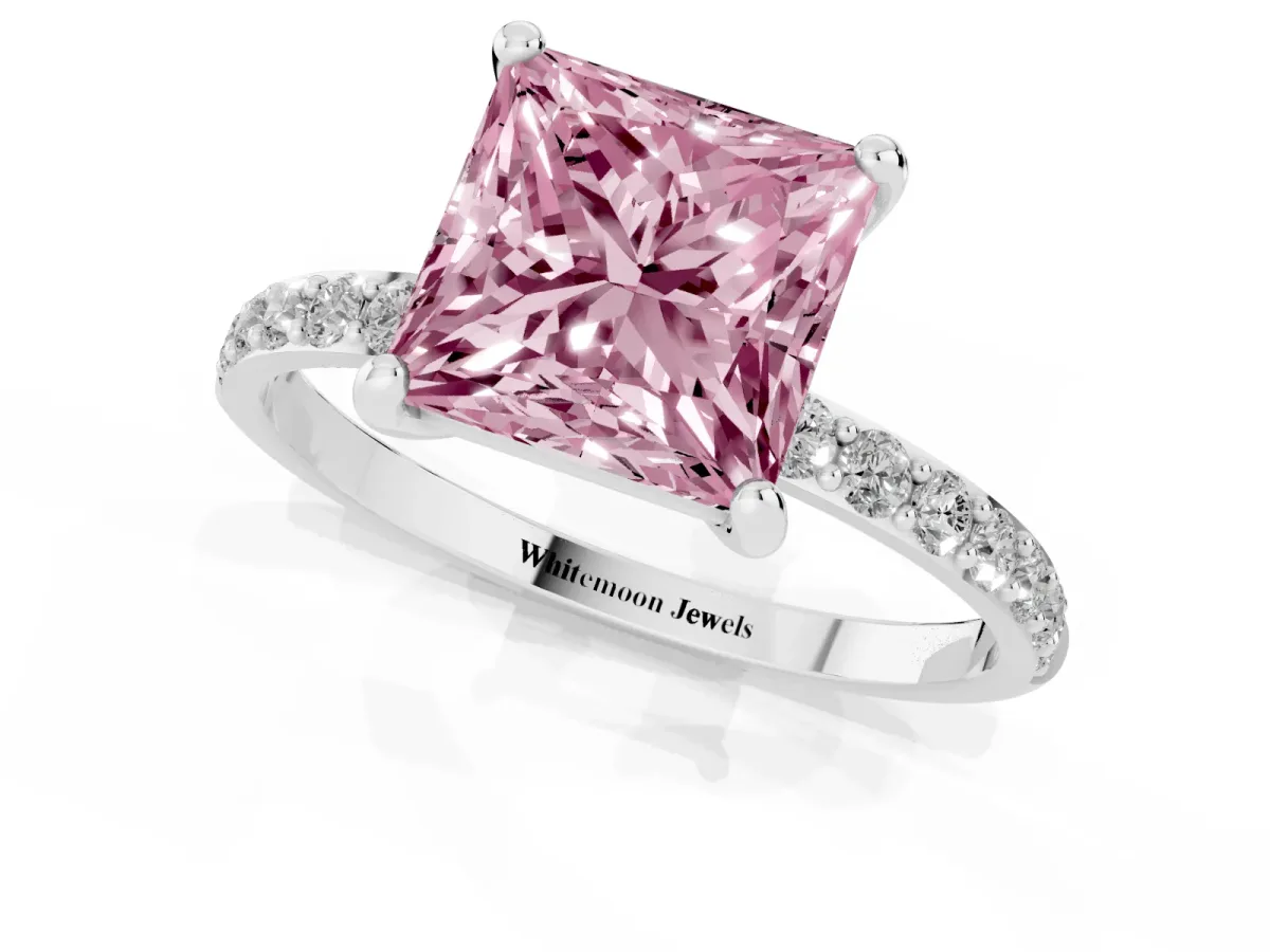 Fancy Pink Princess Cut Diamond Solitaire Ring with Round Pavé Band and Prong Setting Silver