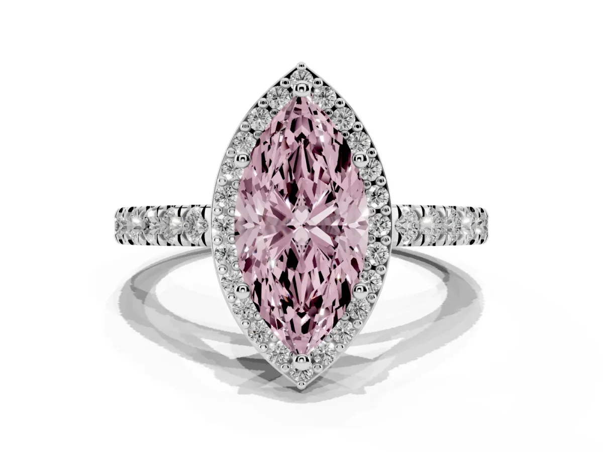 Fancy Pink Marquise Cut Cut Halo Diamond Engagement Ring with Pave Band and Four-Prong Setting White gold