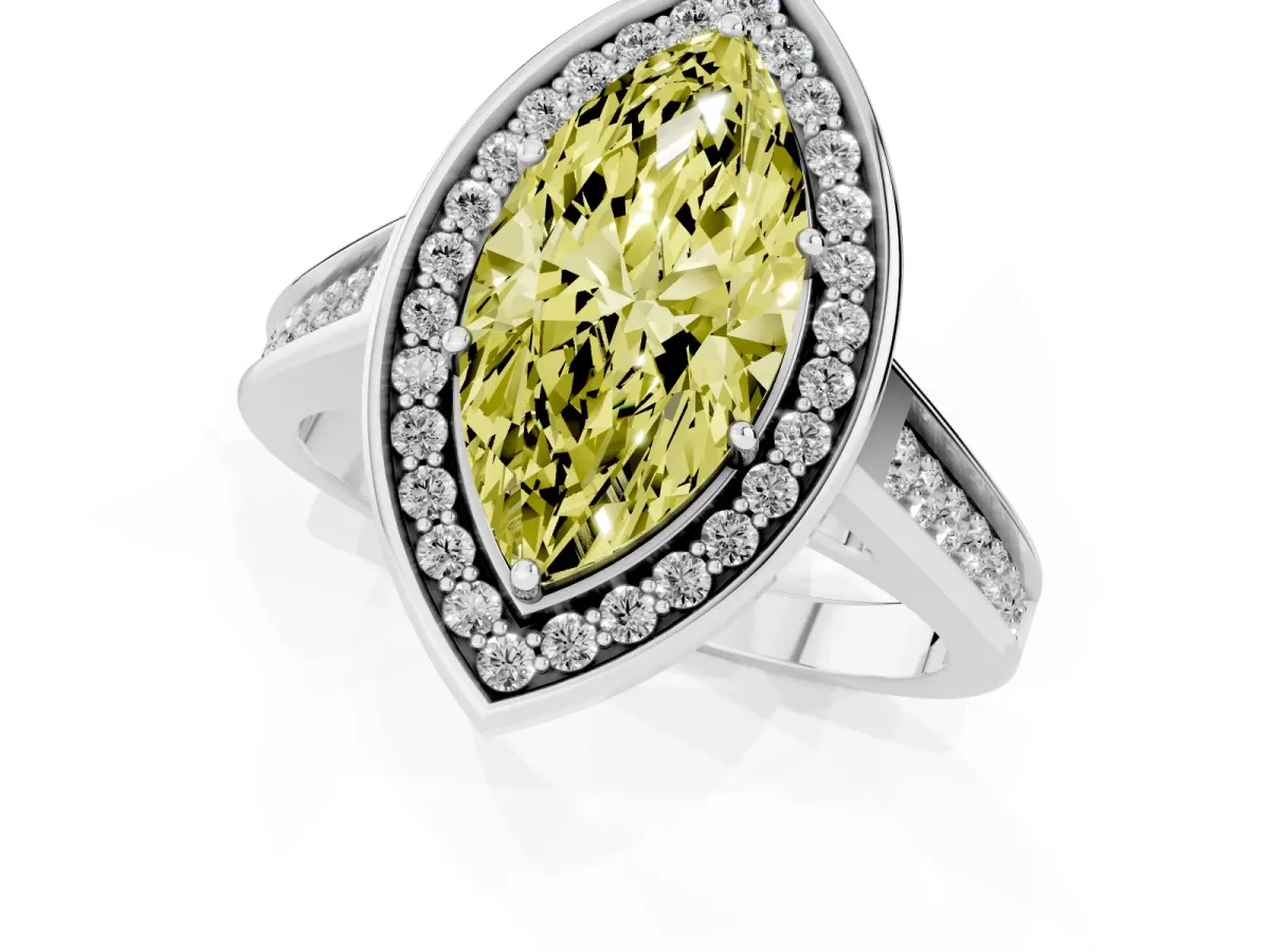 Fancy Yellow Marquise Cut Halo Solitaire Diamond Ring with Pave Band and Bezel Setting White gold