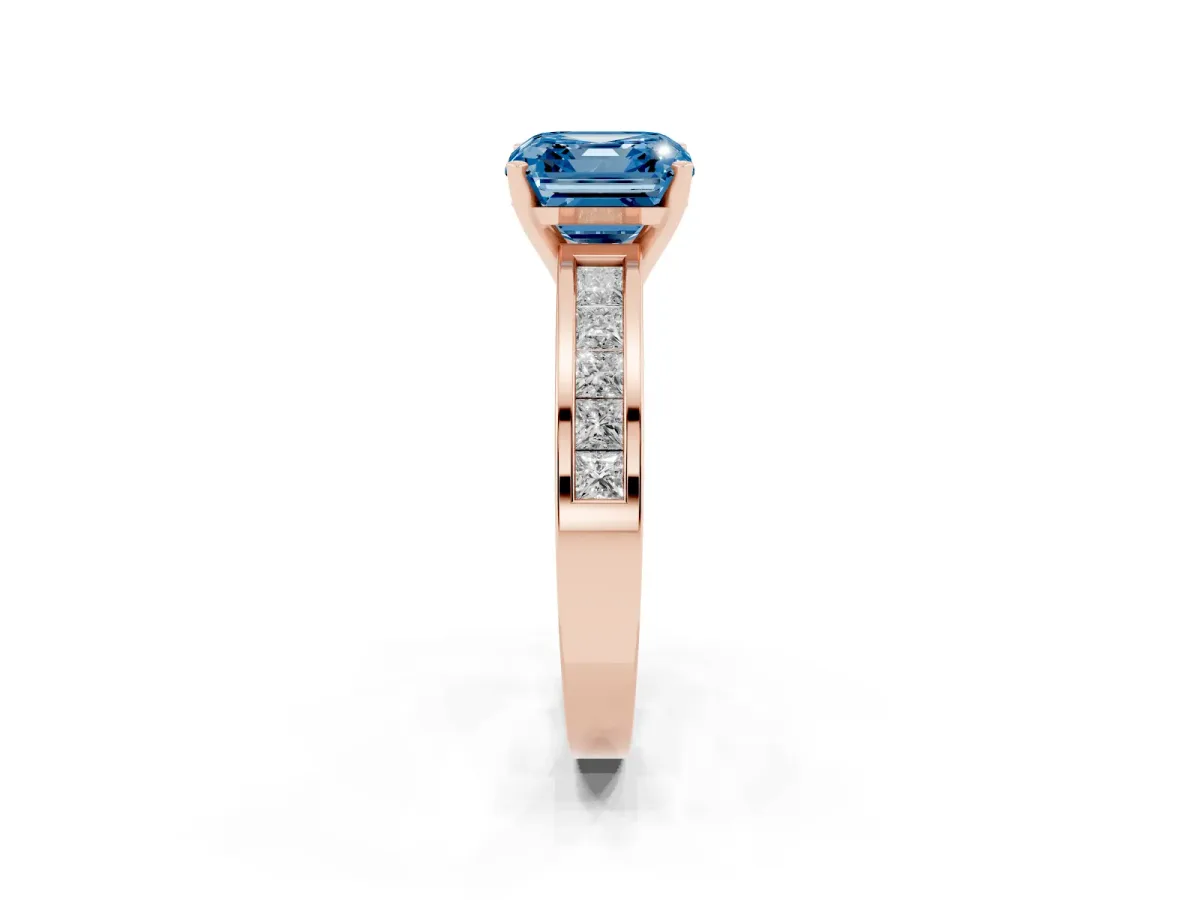 Fancy Blue Asscher Cut Solitaire Diamond Ring with Channel-Set Band and Four-Prong Setting Rose gold