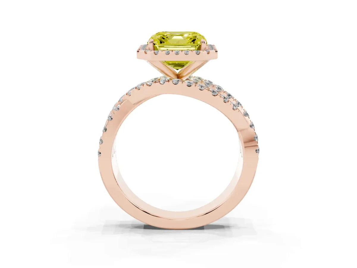 Fancy Yellow Asscher Cut Diamond Halo Ring with Round Split Shank and Prong Setting Rose gold