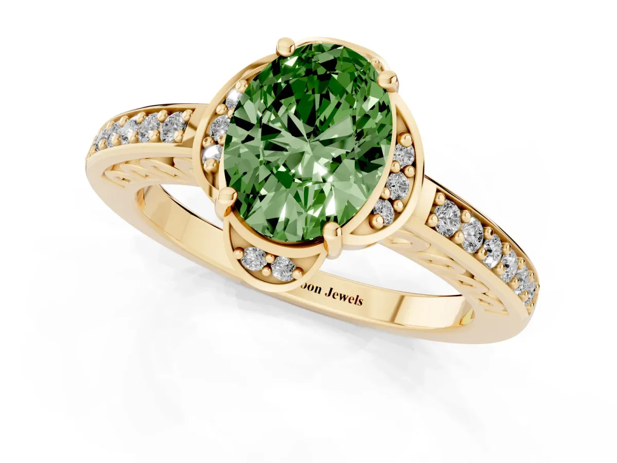 Fancy Green Oval Cut Cut Halo Diamond Ring with Channel Set Band and Four-Prong Setting Yellow gold