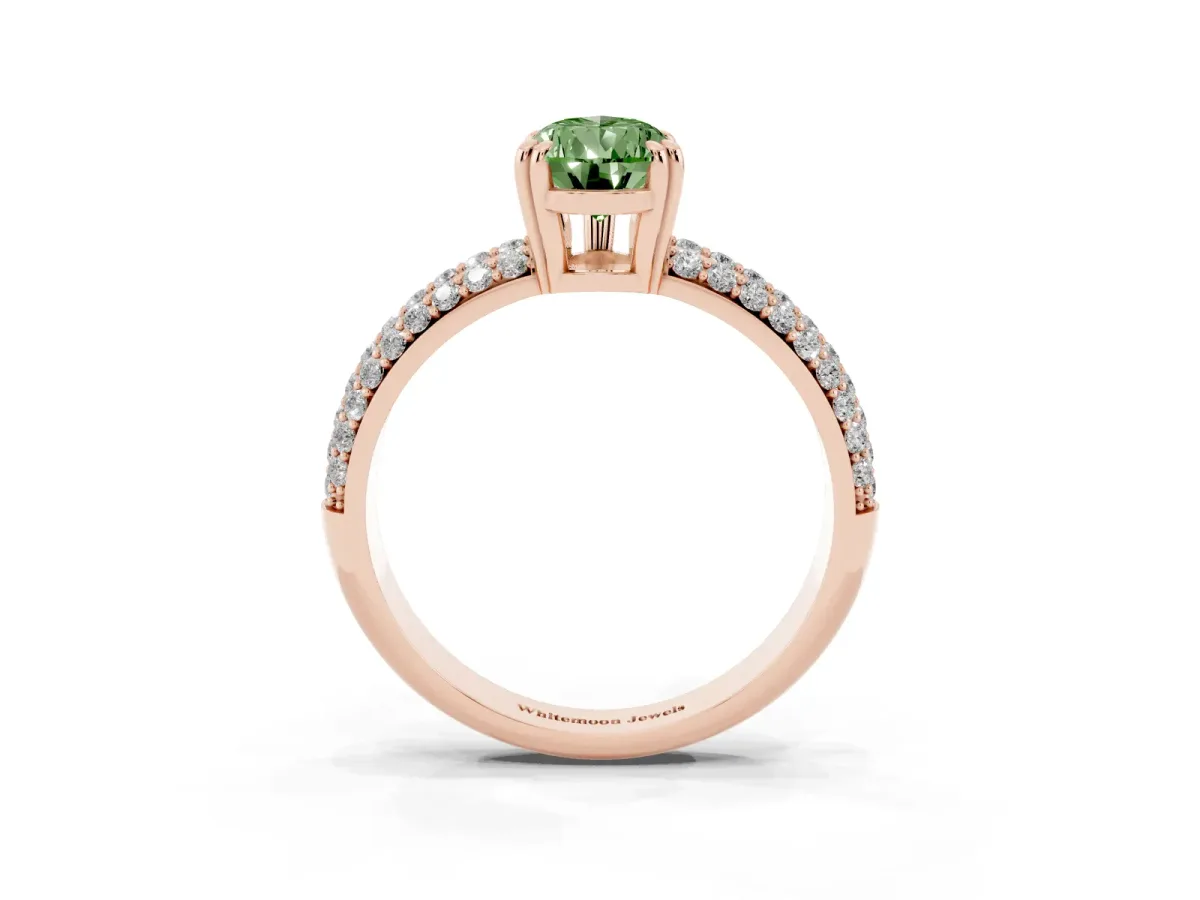Fancy Green Pear Cut Diamond Solitaire Ring with Multi-Row Round Pavé Band and Prong Setting Rose gold