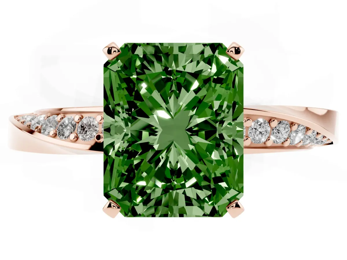 Fancy Green Radiant Cut Diamond Engagement Ring with Side Stone Accents and Four-Prong Setting Rose gold