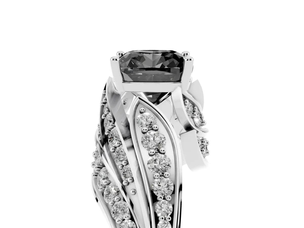 Fancy Black Cushion Cut Diamond Solitaire Ring with Prong Setting and Twisted Pavé Band Silver