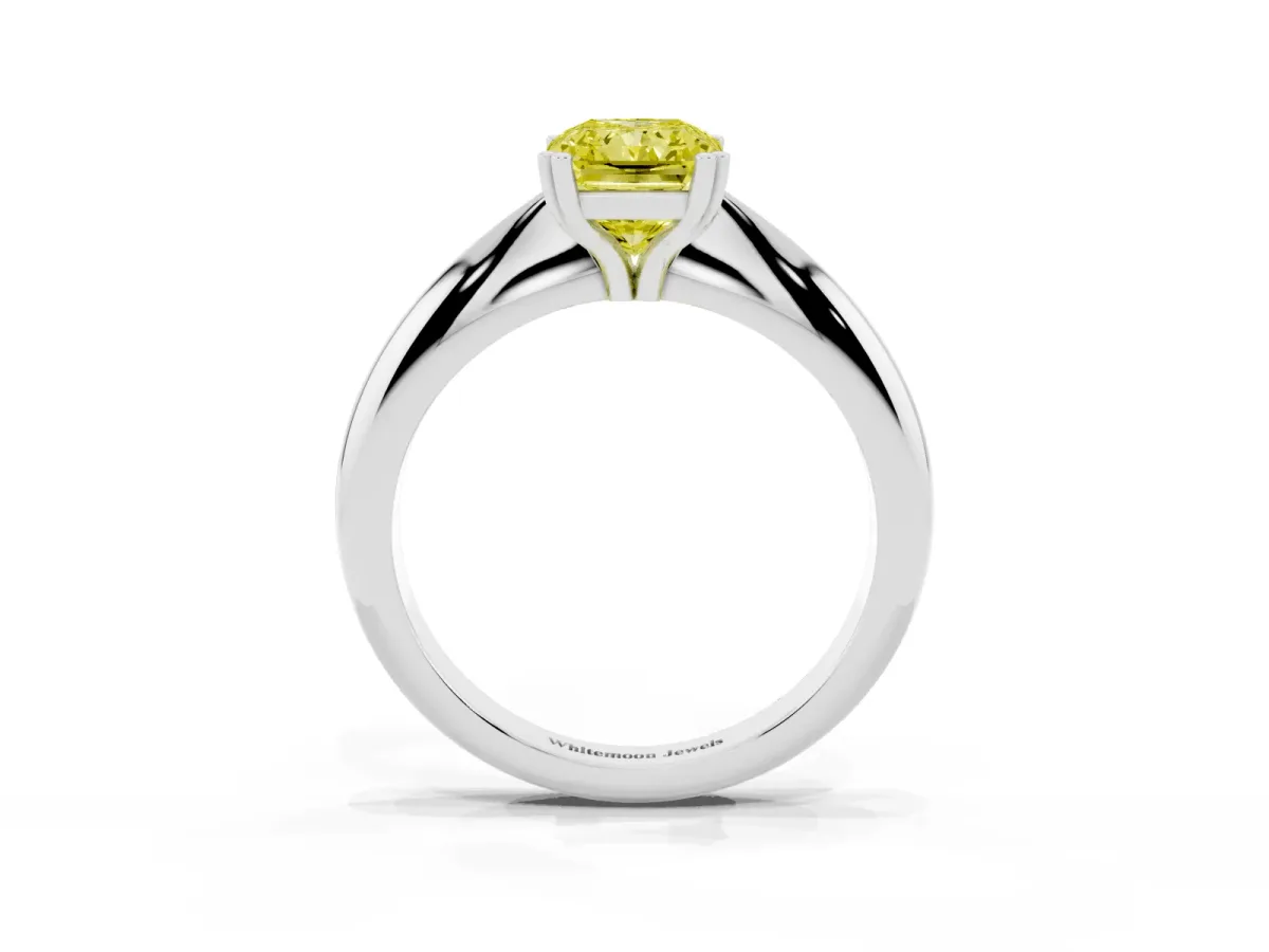 Fancy Yellow Radiant Cut Cut Solitaire Engagement Ring with Tapered Band and Four-Prong Setting White gold