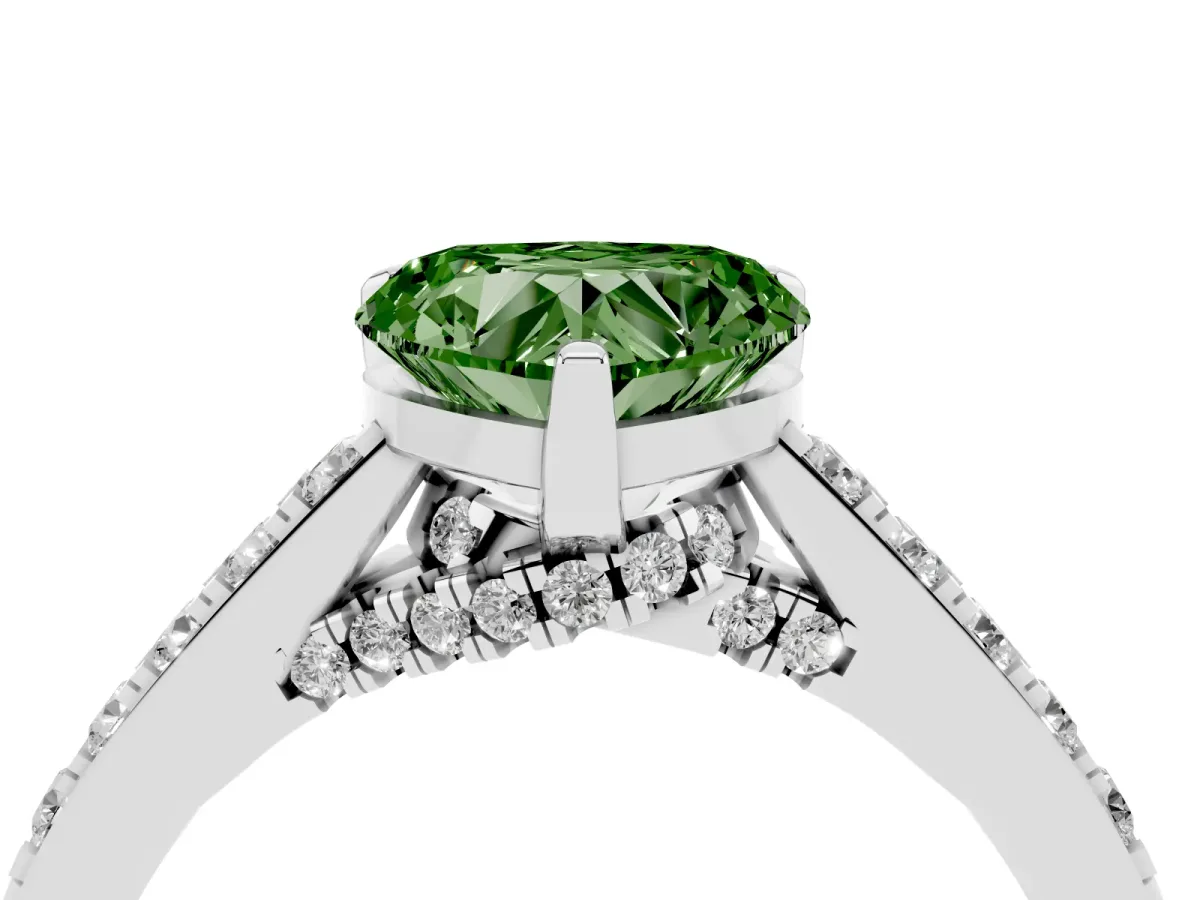 Fancy Green Heart Cut Diamond Solitaire Ring with Crossover Gallery and Round Pavé Band Platinum