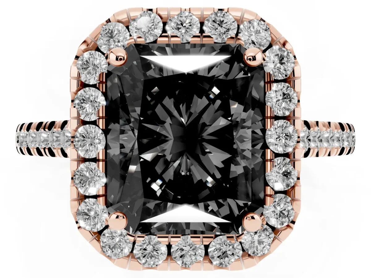 Fancy Black Radiant Cut Diamond Cushion Halo Ring with Pavé Band Rose gold