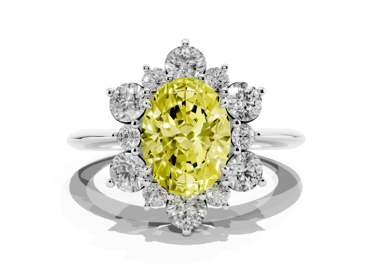Fancy Yellow Oval Cut Diamond Cluster Halo Ring with Solitaire Band and Four-Prong Setting Silver