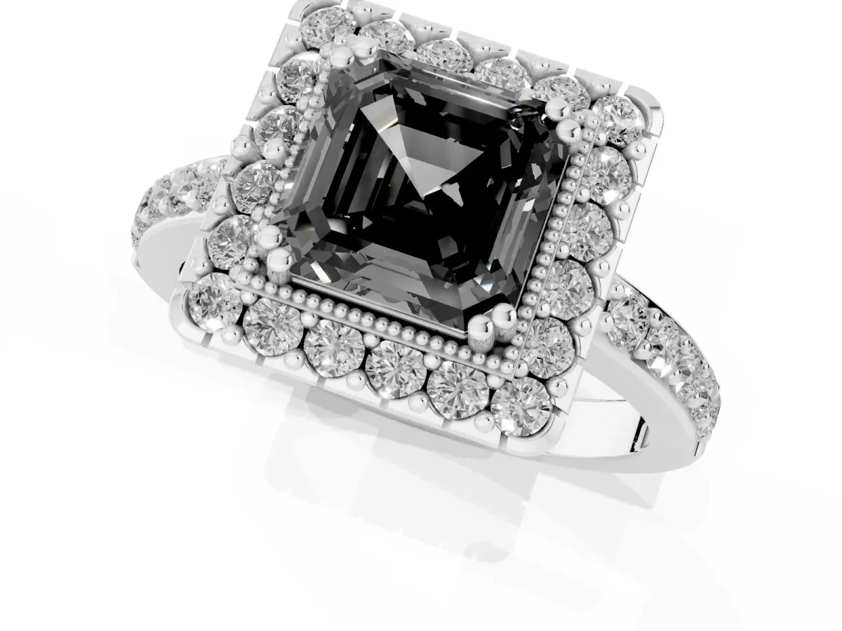 Fancy Black Asscher Cut Diamond Halo Ring with Pavé Band and Prong Setting Platinum