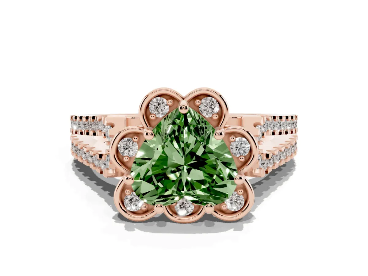 Fancy Green Heart Cut Halo Diamond Floral Split Shank Engagement Ring Rose gold