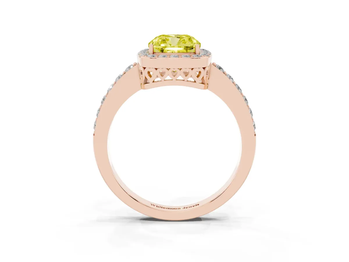 Fancy Yellow Cushion Cut Halo Diamond Pavé Band Ring with Prong Setting Rose gold