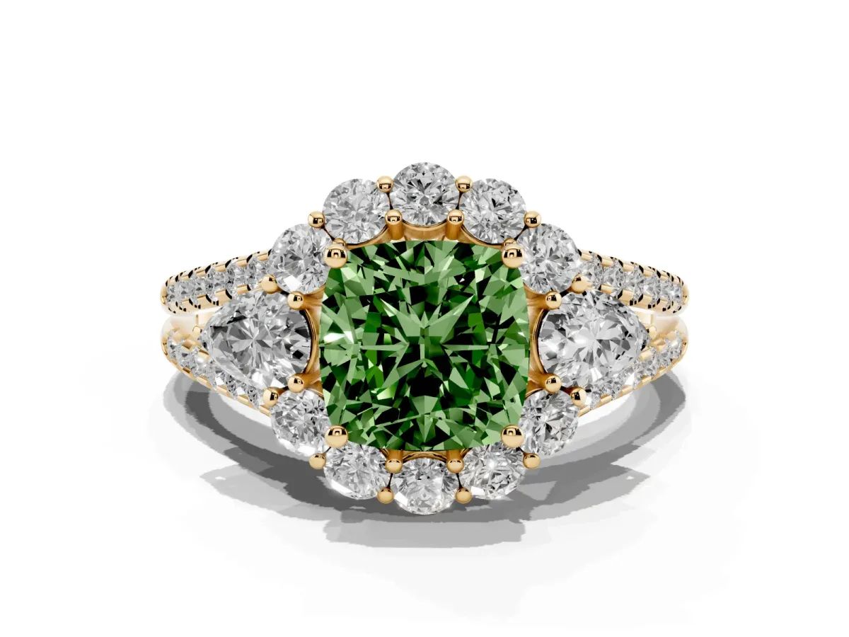 Fancy Green Cushion Cut Halo Split Shank Diamond Engagement Ring with Prong Setting Yellow gold