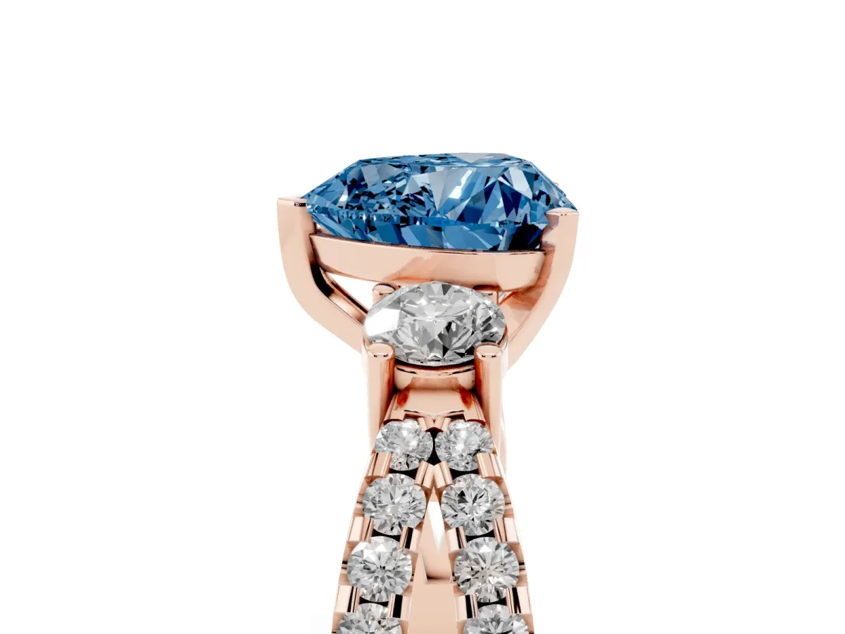 Fancy Blue Heart Cut Diamond Three-Stone Ring with Pavé Split Shank and Four-Prong Setting Rose gold