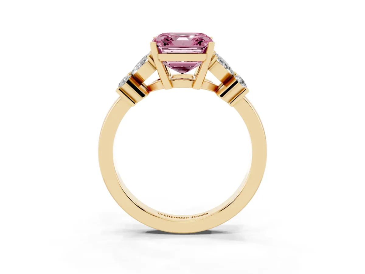 Fancy Pink Asscher Cut Diamond Floral Cluster Ring with Solitaire Band and Prong Setting Yellow gold